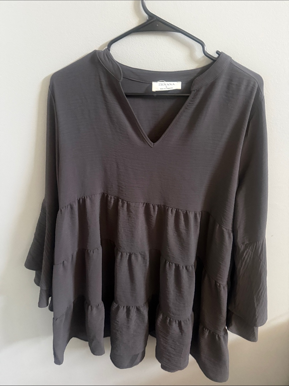 Zenana Outfitters Dark Gray Tiered V-Neck Tunic